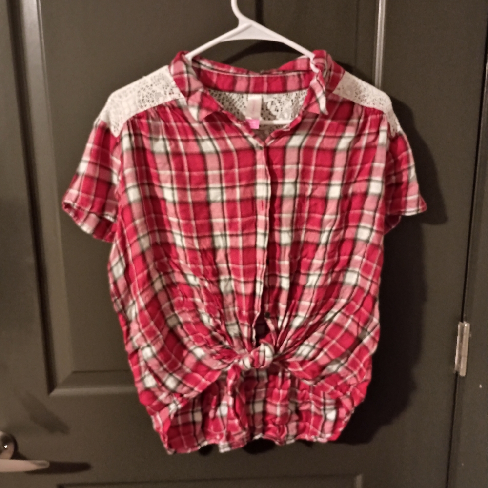 Red Plaid Top Tie Front